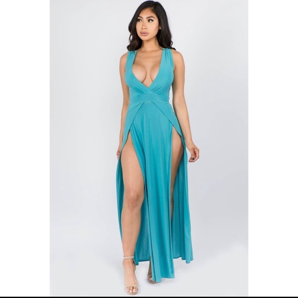 NEW TRENDY TEAL V NECK TANK TOP DOUBLE HIGH SLIT MAXI DRESS